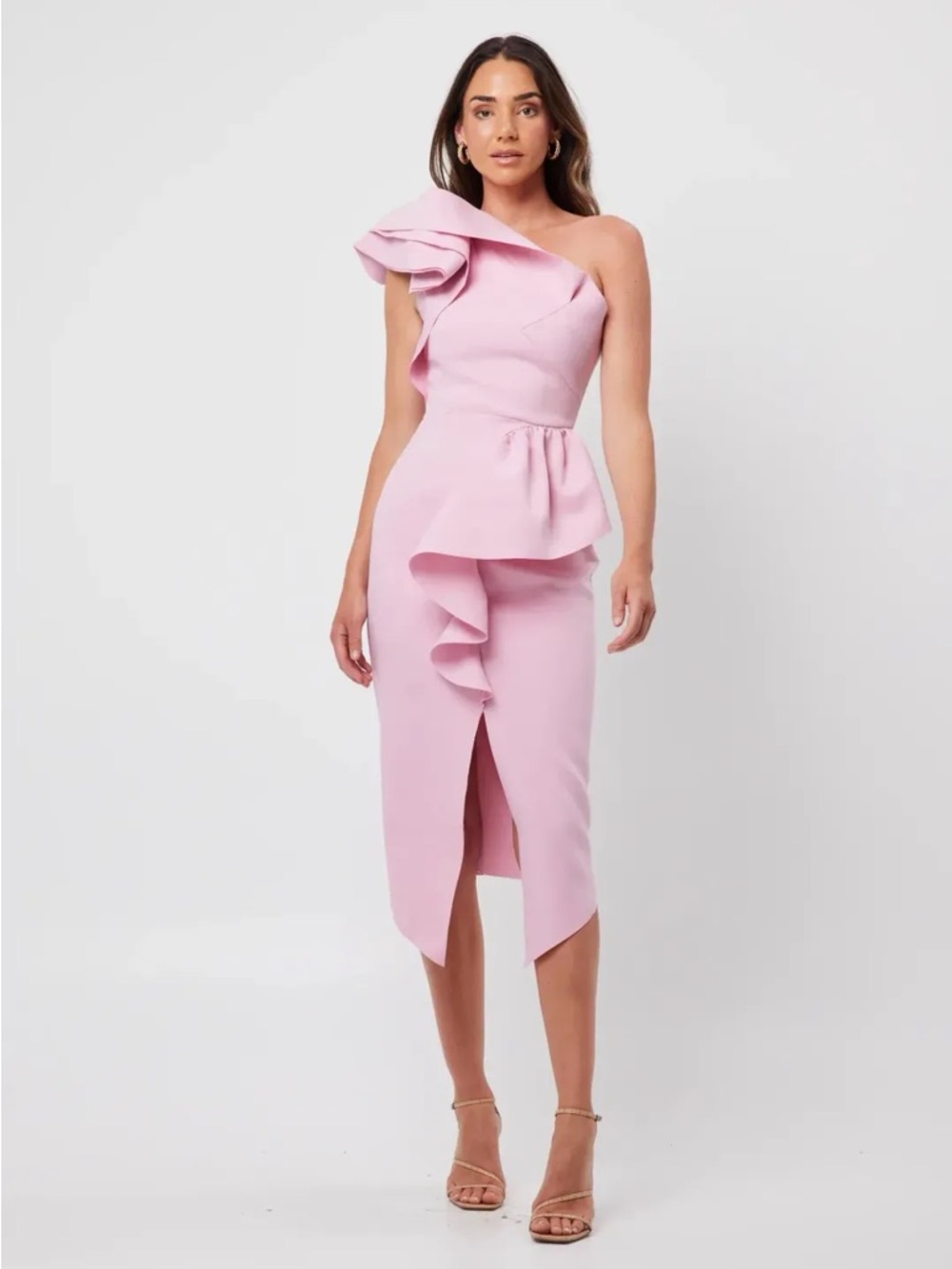 ELLIATT AMARA One-Shoulder Pink Ruffle Peplum Dress, XS